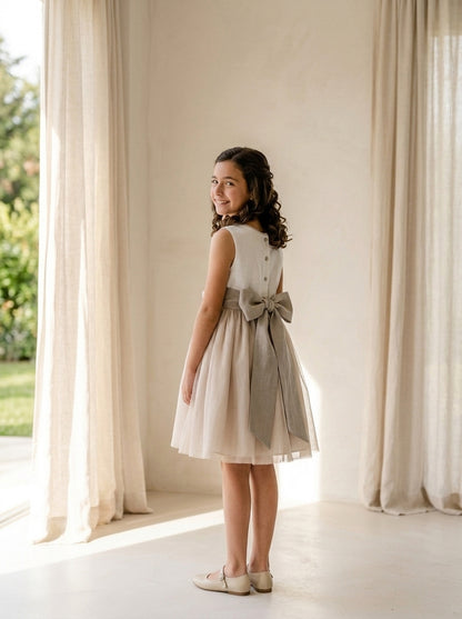 Vestido infantil sin mangas lino crudo y malva