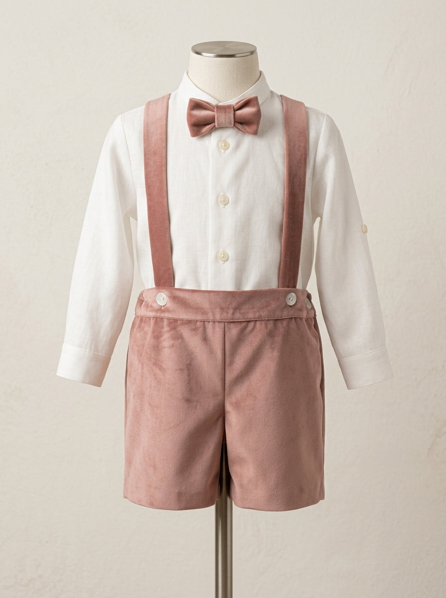 Conjunto camisa lino y short con tirantes terciopelo rosa con pajarita