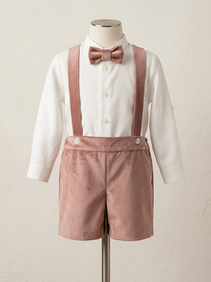 Conjunto camisa lino y short con tirantes terciopelo rosa con pajarita
