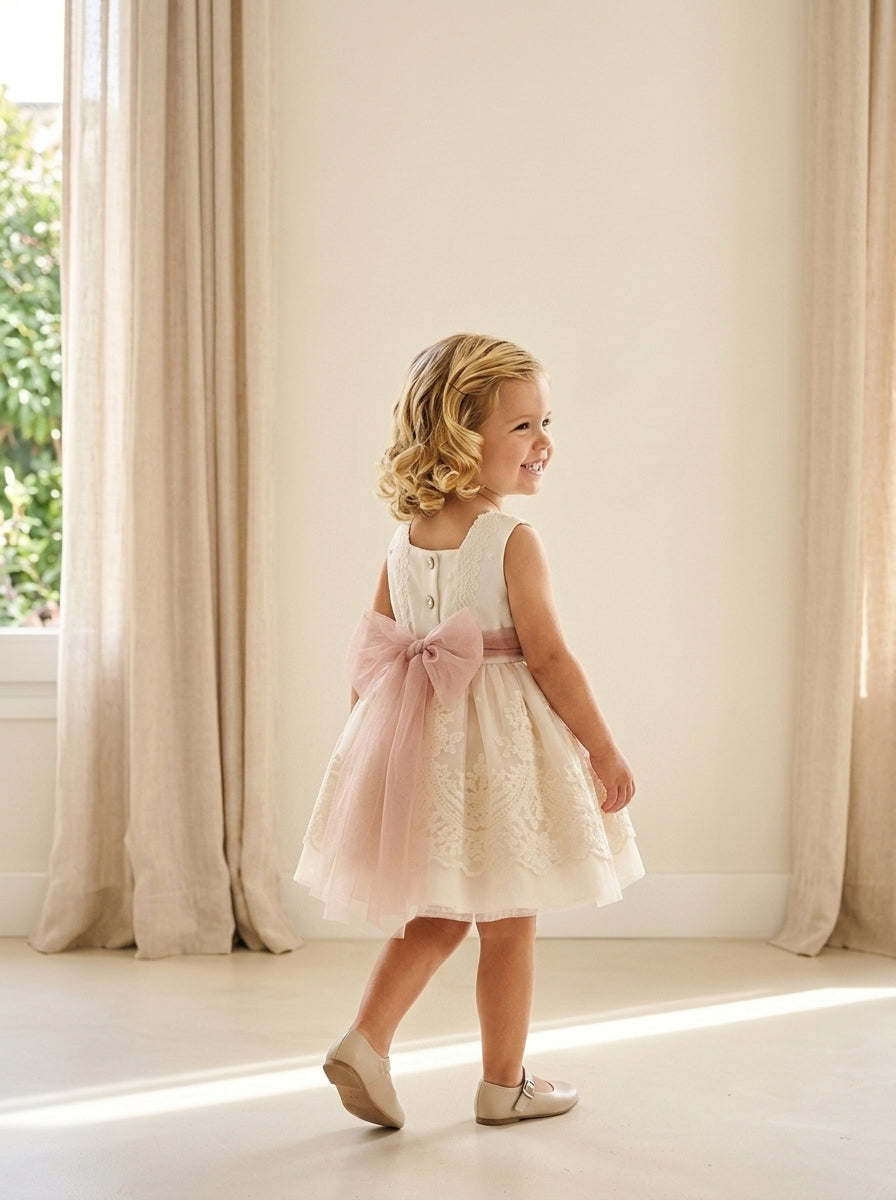 Vestido tul bordado cuerpo beig falda rosa broche flor