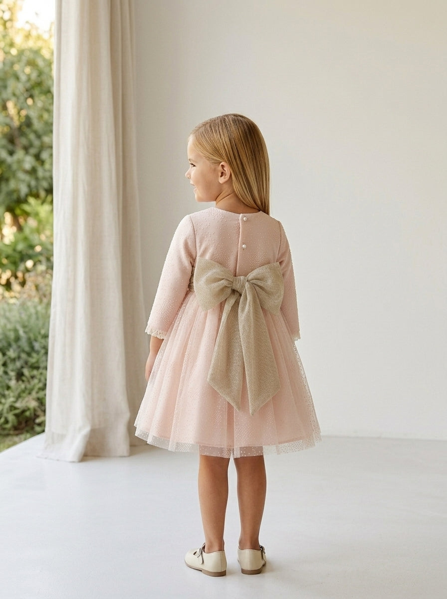 Vestido mikado salmón con flocado y fajin
