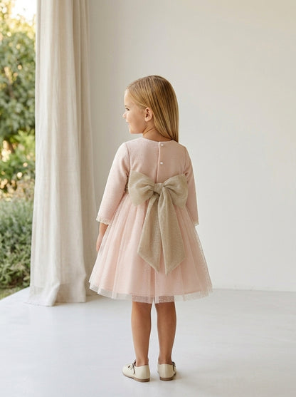 Vestido mikado salmón con flocado y fajin