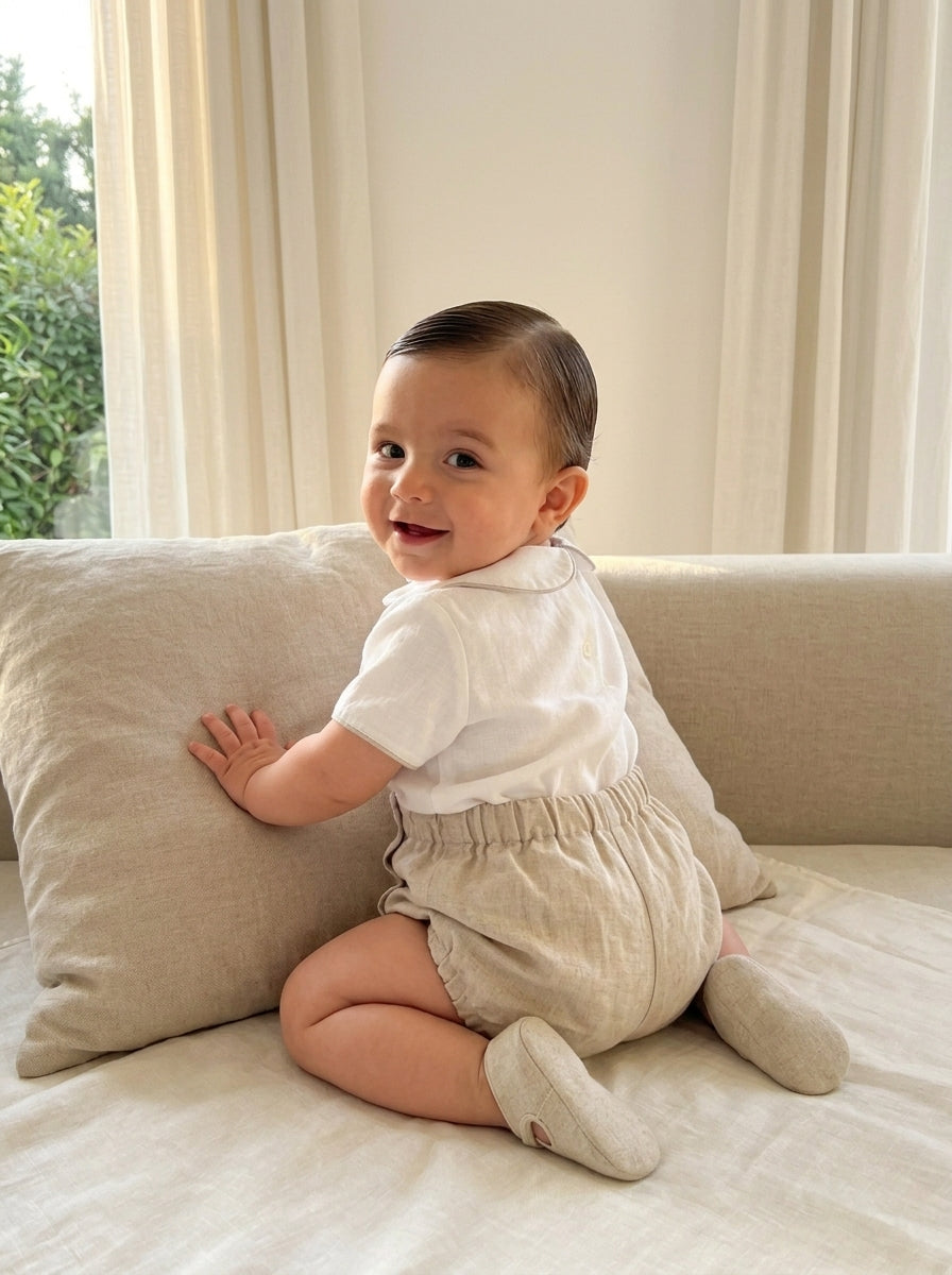Conjunto camisa lino beig cuello bebe y bombacho tostado