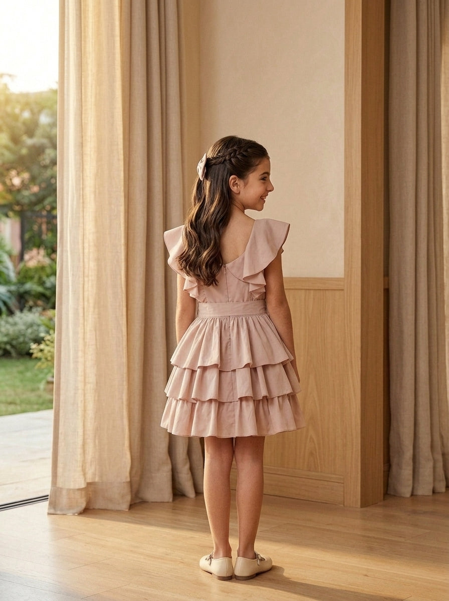 Vestido tafetan rosa maquillaje con volantes y lazada