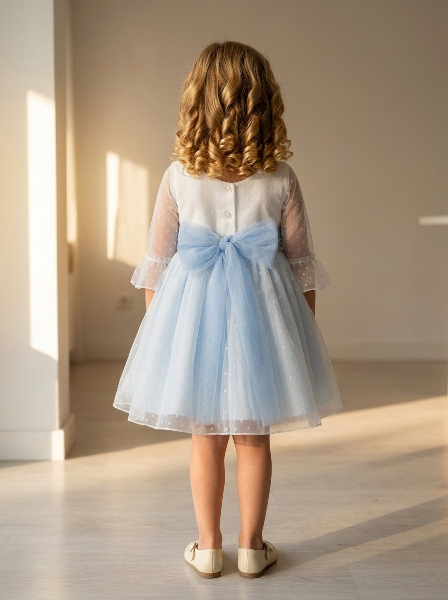 Vestido tul de plumeti blanco y azul manga francesa