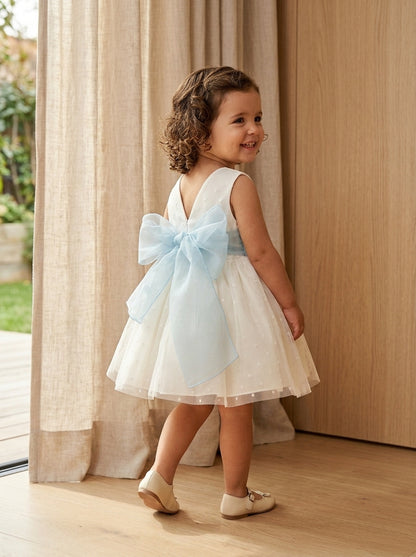 Vestido tul plumeti y fajin verde agua