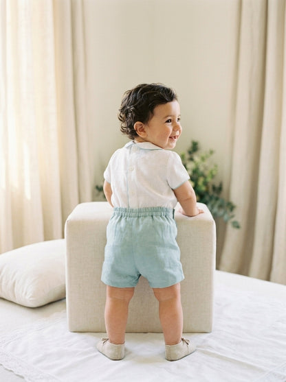 Conjunto camisa lino cuello bebe verde y bombacho