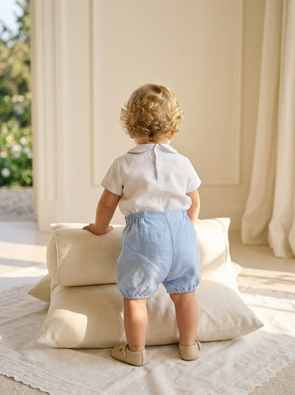 Conjunto camisa lino cuello bebe lino celeste y bombacho