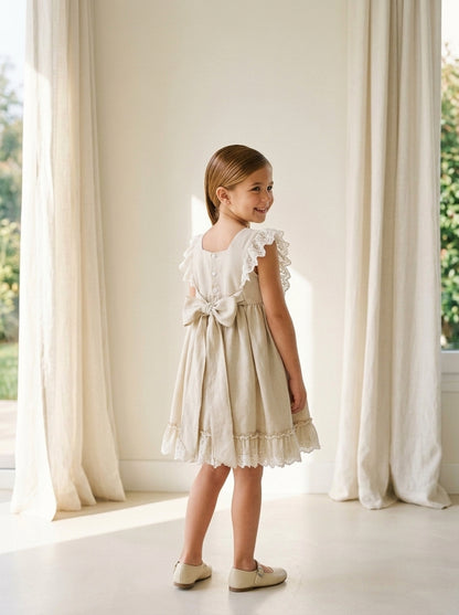 Vestido lino camel con puntilla