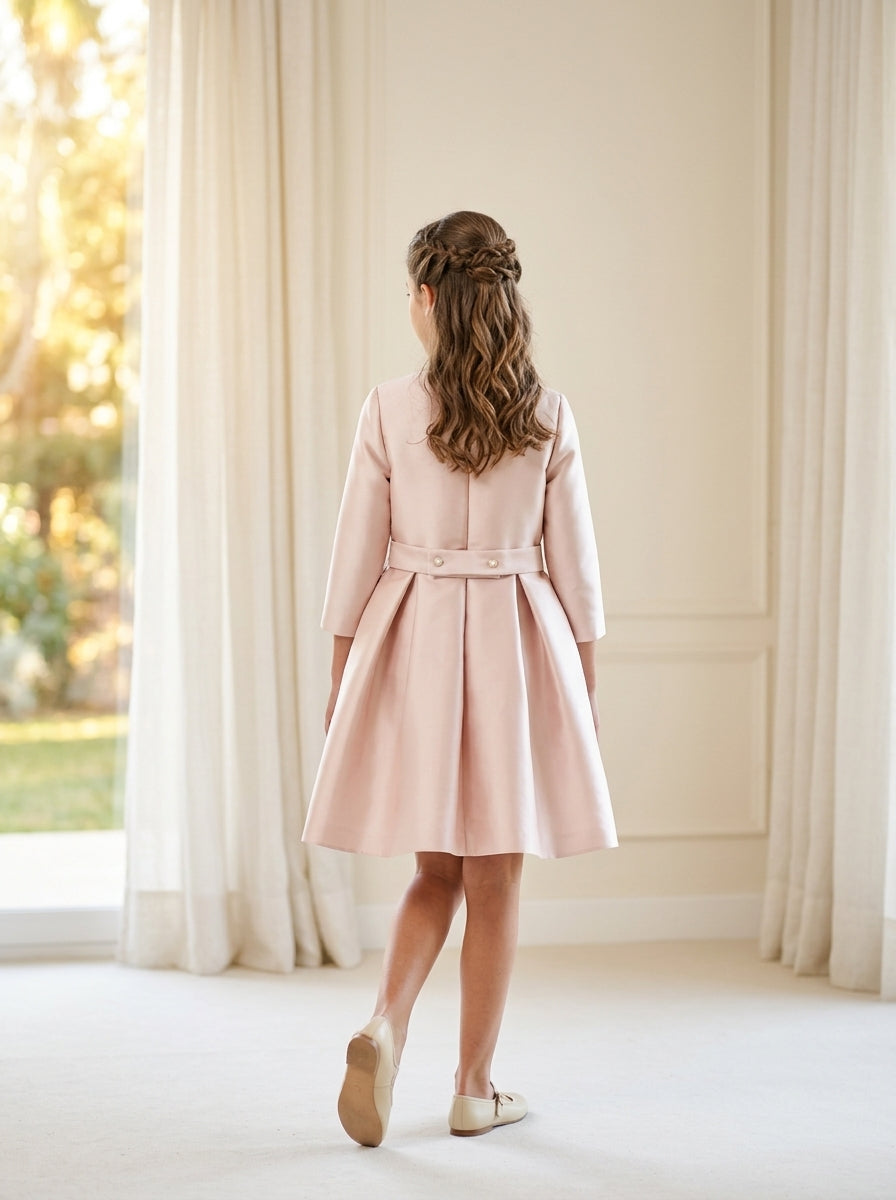 Vestido mikado rosa empolvado manga francesa