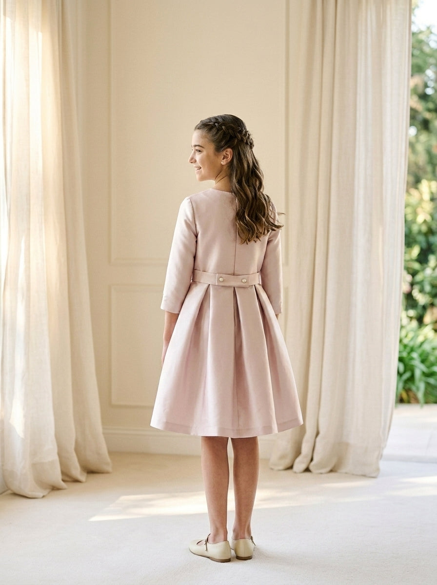 Vestido mikado rosa empolvado manga francesa