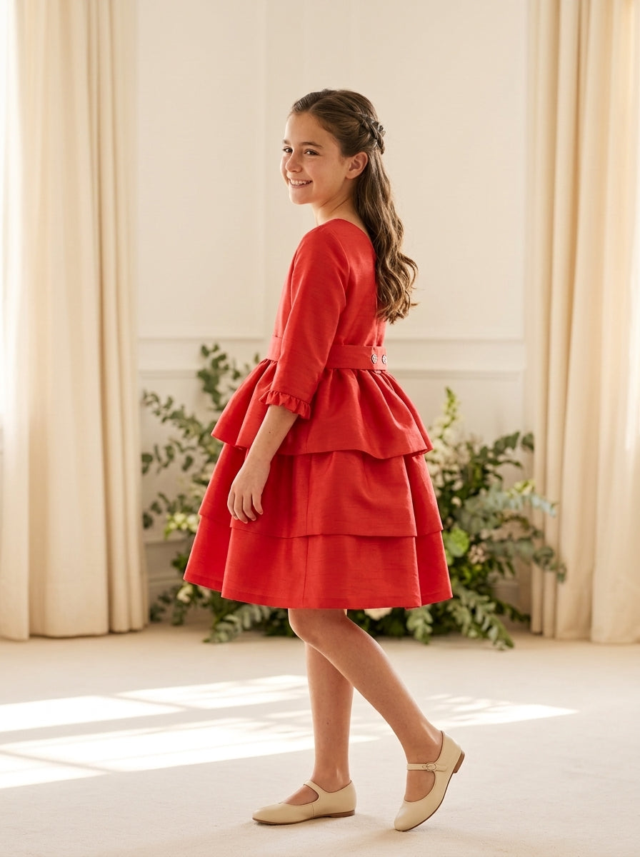 Vestido seda salvaje rojo con volantes