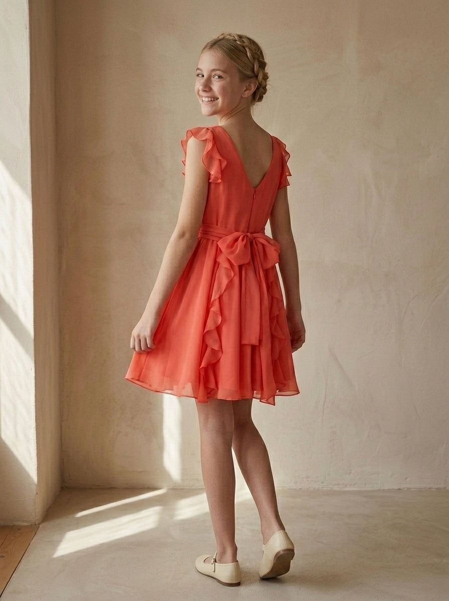 Vestido gasa coral con volantes