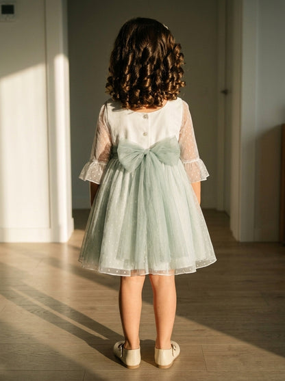 Vestido tul de plumeti blanco y azul manga francesa