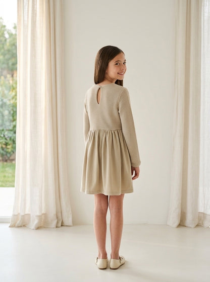 Vestido combinado punto y falda terciopelo arena