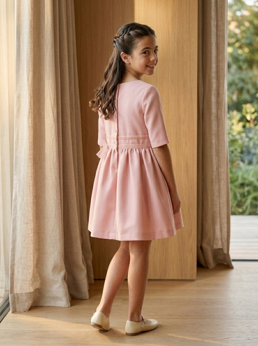 Vestido mikado cuadrille rosa manga francesa falda fruncida