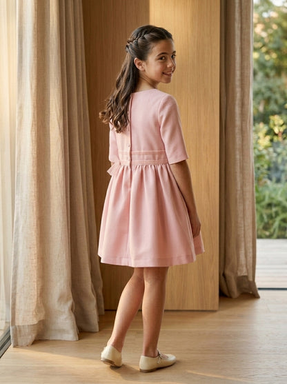 Vestido mikado cuadrille rosa manga francesa falda fruncida