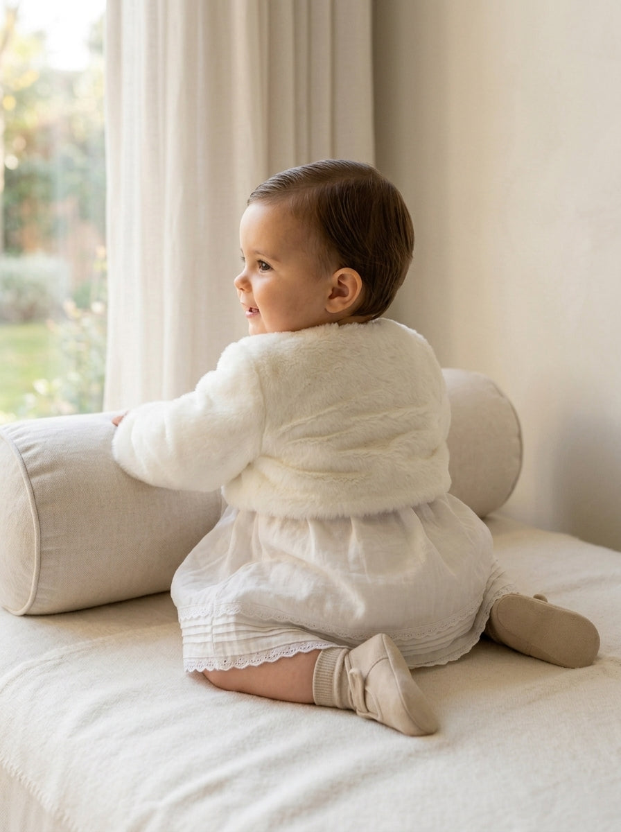 Bolero de peluche beige con lacito de raso