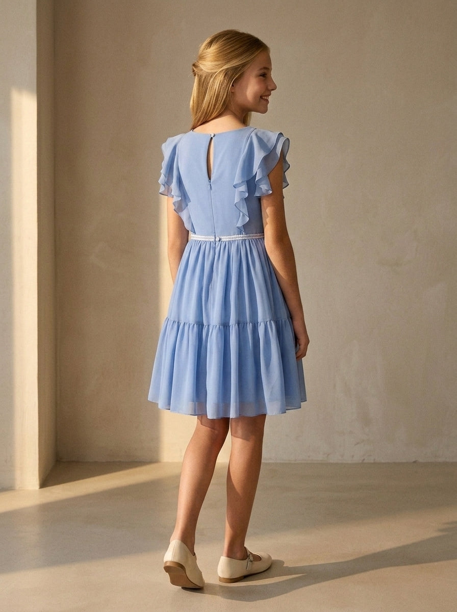 Vestido gasa azul con volantes