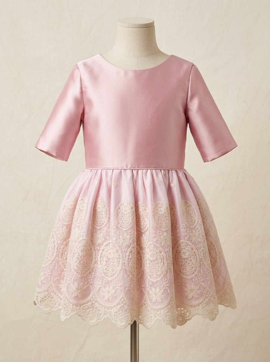 Vestido cuerpo mikado rosa y falda tul bordado beig