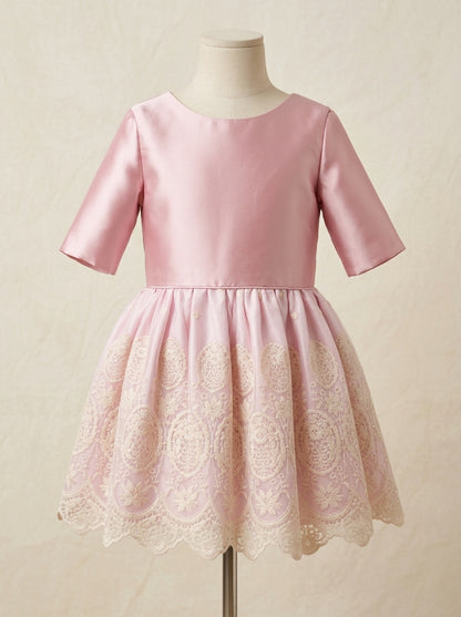 Vestido cuerpo mikado rosa y falda tul bordado beig