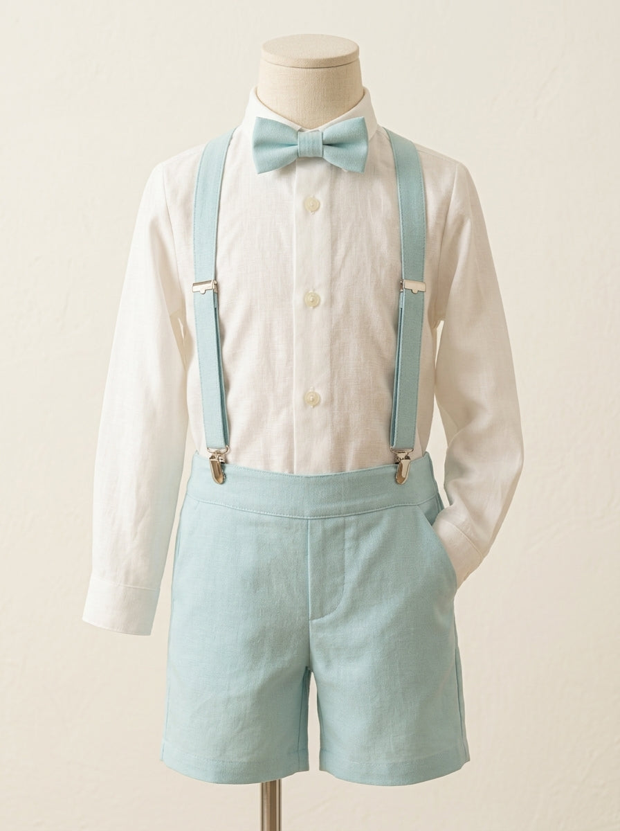 Conjunto camisa lino, short, tirantes y pajarita verde
