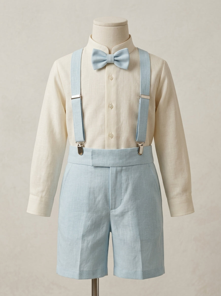 Conjunto camisa, short, tirantes y pajarita color hielo
