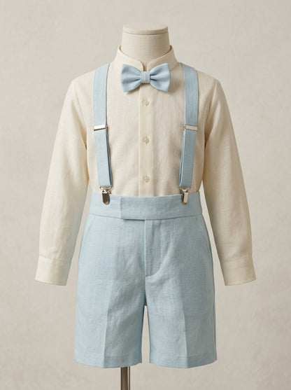 Conjunto camisa, short, tirantes y pajarita color hielo