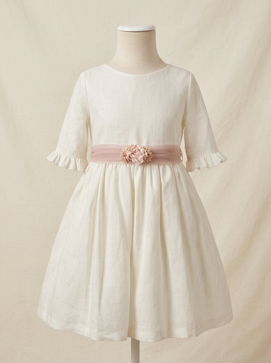 Vestido lino beig manga francesa y fajin azul empolvado