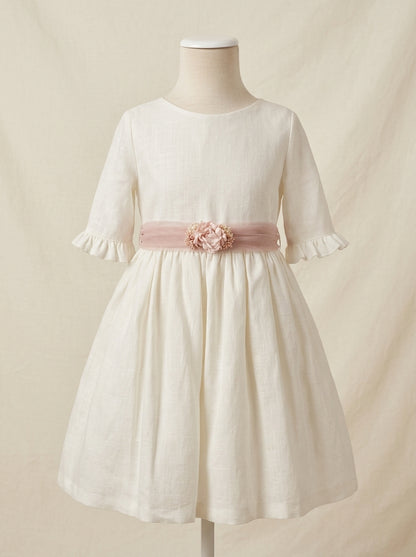 Vestido lino beig manga francesa y fajin azul empolvado