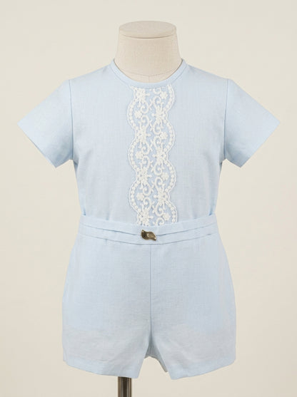 Conjunto camisa y short azul bebé con puntilla