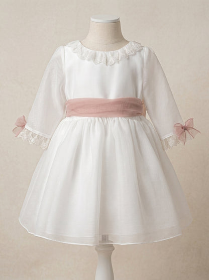 Vestido blanco organza rayada manga francesa