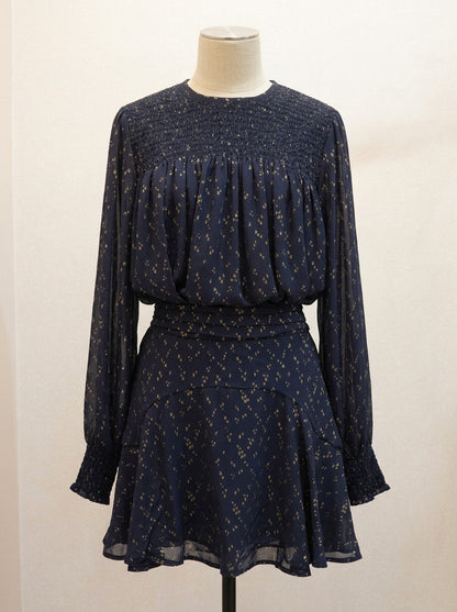 Conjunto blusa y falda gasa azul marino con detalles dorados