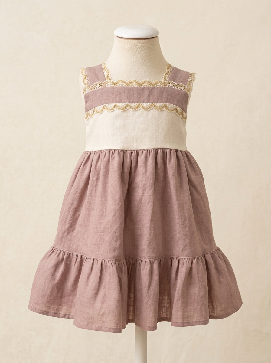 Vestido tirantes lino malva con puntillas