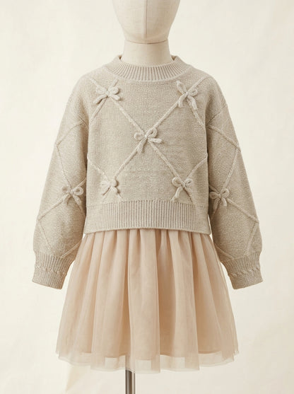 Conjunto vestido tul y jersey tostado con lazos y brillitos