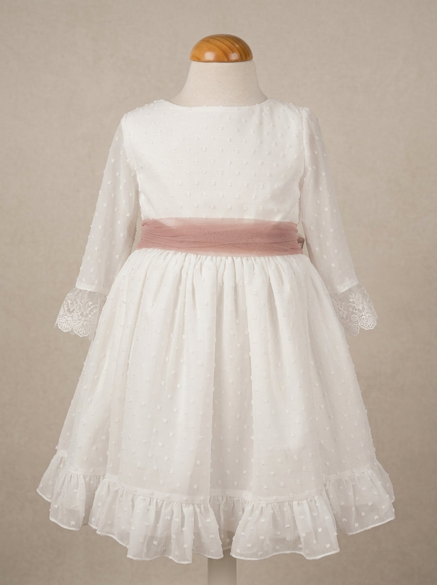 Vestido plumeti gasa blanca y fajin rosa empolvado GAIA
