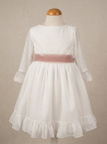 Vestido plumeti gasa blanca y fajin rosa empolvado GAIA