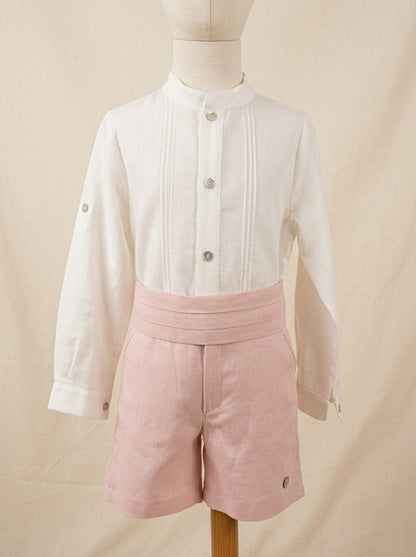 Conjunto camisa beig, short y fajín rosa