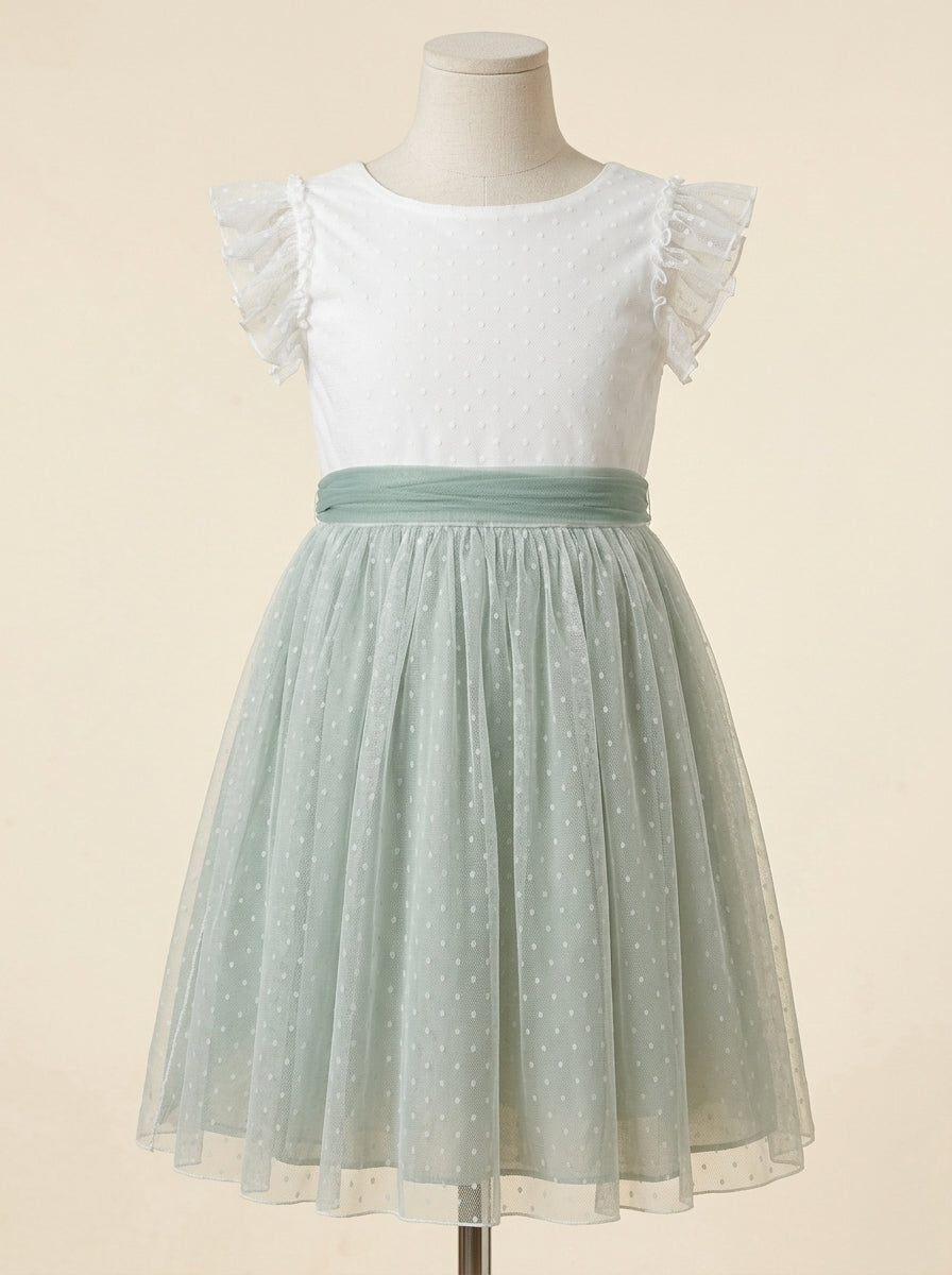 Vestido tul verde empolvado con manguita volante