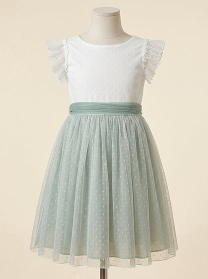 Vestido tul verde empolvado con manguita volante