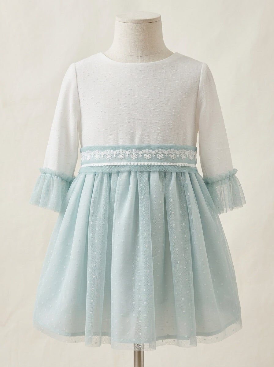 Vestido tul verde manga con volante