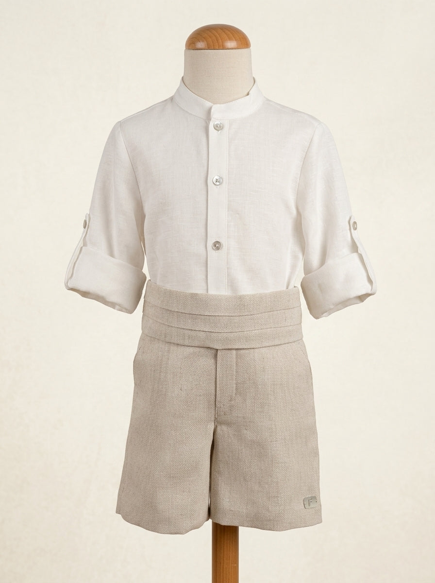 Conjunto camisa beig, short y fajín lino tostado