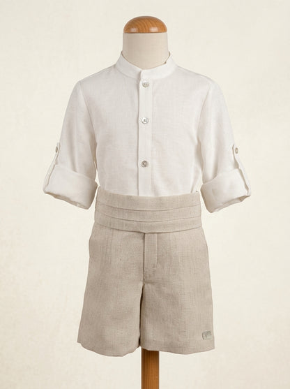 Conjunto camisa beig, short y fajín lino tostado