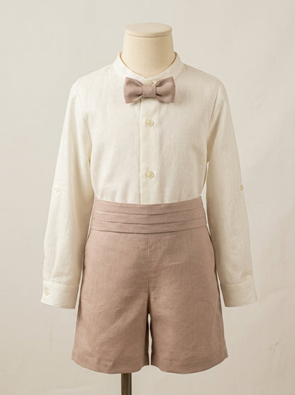 Conjunto camisa lino con pajarita rosa y short lino rosa empolvado fajin tablas