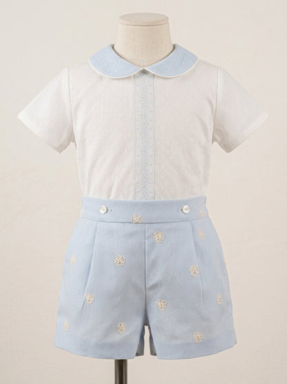Conjunto camisa tul beig y bombacho celeste