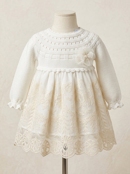Vestido manga larga algodón beige y tul bordado