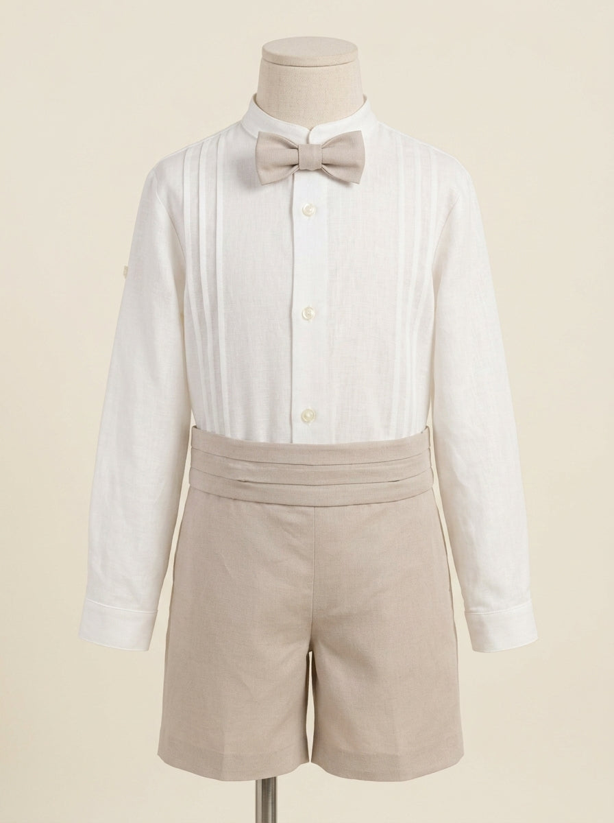 Conjunto camisa lino, short , fajin y pajarita camel