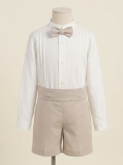 Conjunto camisa lino, short , fajin y pajarita camel