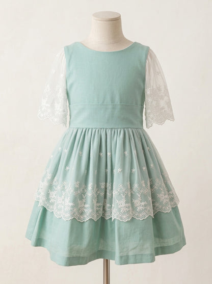 Vestido lino verde agua y tul bordado