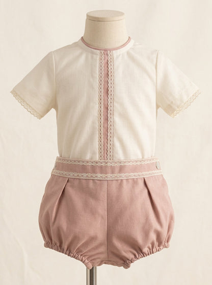 Conjunto camisa beig y bombacho lino rosa empolvado